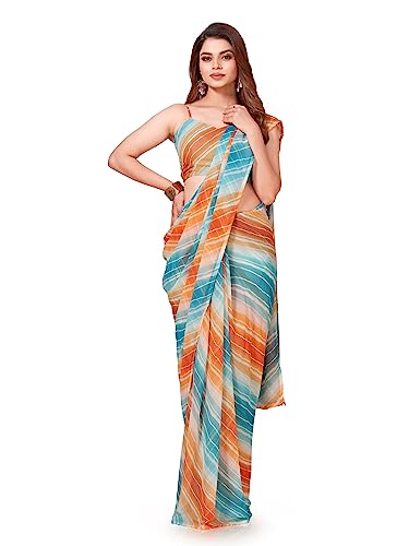CRAFTSTRIBE White Poly Georgette Striped Ready to Wear Saree With Unstitched Blouse
