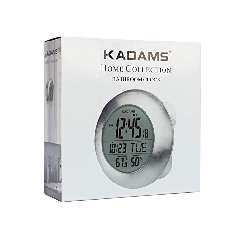 Kadams Bathroom Shower Digital Wall Clock Large LCD Screen - Kitchen Clock - Water Resistant Timer - Seconds Counter - Temperature & Humidity Display - Multiple Mounting Options (Silver)
