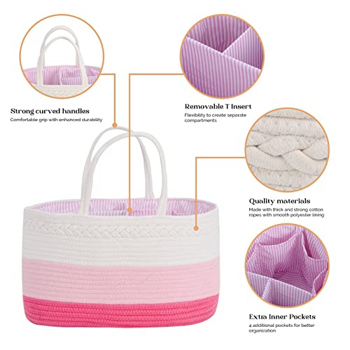 Baby Diaper Caddy Organizer, Extra Large Cotton Rope Nursery Diaper Basket, Changing Table Organizer, Portable Tote Bag with Divider, Car Storage, Baby Shower Gifts for Newborn Girls - Pink