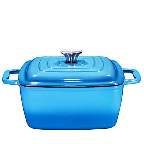 Bruntmor Cast Iron Crock Pot/Casserole Dish With Lid | Square Casserole Dishes For Oven Braiser - Pan with Cover | 3.8-Quart (Blue) | Enameled Cast Iron Skillet | Pioneer Woman Cookware