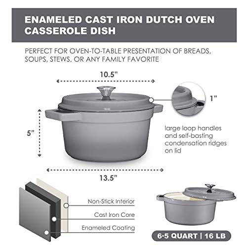 Bruntmor Pre-seasoned 6.5 Qt Enameled Cast Iron Round Dutch Oven