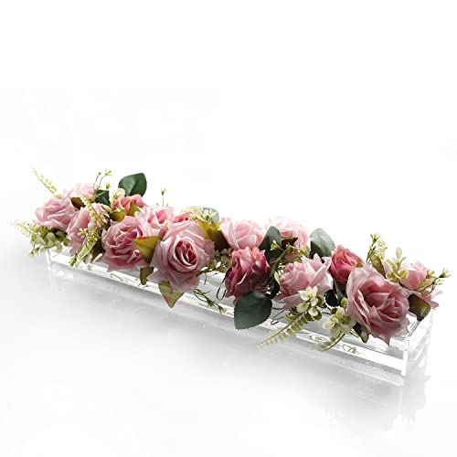 E&F Modern Designs™ Rectangular Floral Centerpiece for Dining Table - 24 Inches Long Rectangle Vase - Acrylic Modern Vase - Low Laying Unique Flower Vases for Home Decor or Weddings (LED Clear)