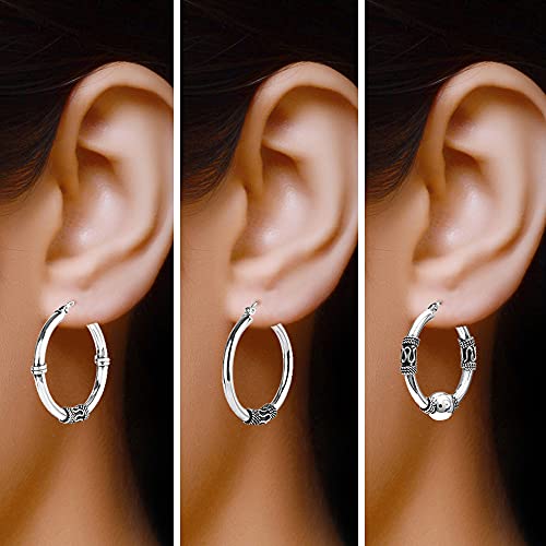 Set of 3 Pair 925 Sterling Silver Top Bali Hoop Earring for Women 30MM