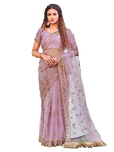 CRAFTSTRIBE Lavender Net Embroidery Saree With Unstitched Blouse
