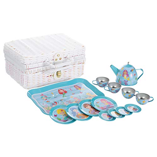 Delton Products Mermaid 15 Piece Tin Tea Set in Fabric Lines Basket