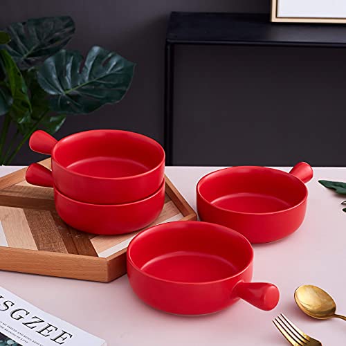 Bruntmor 20 Oz Round Flat Porcelain Soup Bowl with Handle Set of 4 Red