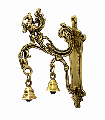 eSplanade Brass Wall Bracket Wall Hanger for Hanging Diya Lamp | Wall Decor | Peacock with Bells - 8.5" Inches