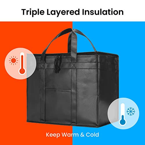 NZ home XL Plus Insulated Bag for Food Delivery & Grocery Shopping with Zippered Top, Black (2 pack)