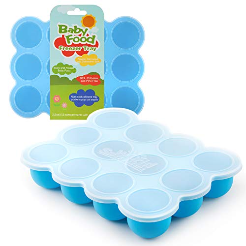 Samuelworld Baby Food Storage Container, 12x2.5oz - 12 Portions Freezer Silicone Tray with Lid Blue