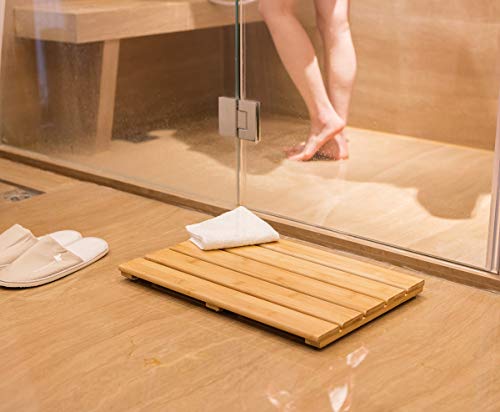 GOBAM Bamboo Bath Mat, Medium, 22.8 x 13 x 1.3 inches - Non-Slip Floor Mat for Bathroom, Spa, Sauna, Kitchen, Indoor & Outdoor Spaces, Shower Mat for Bathroom Decor - Natural