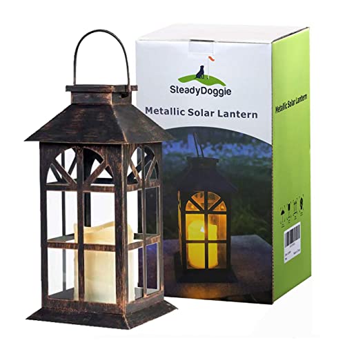 SteadyDoggie Solar Lantern Outdoor Classic Decor Antique Metal and Glass Construction Bronze