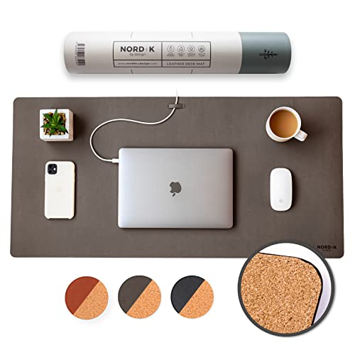 Nordik Cork Leather Desk Mat Cable Organizer (Gunmetal Grey 35 X 17 inch) Premium Extended Mouse Mat for Home Office Accessories - Non-Slip Vegan Leather Desk Pad Protector & Desk Blotter Pad