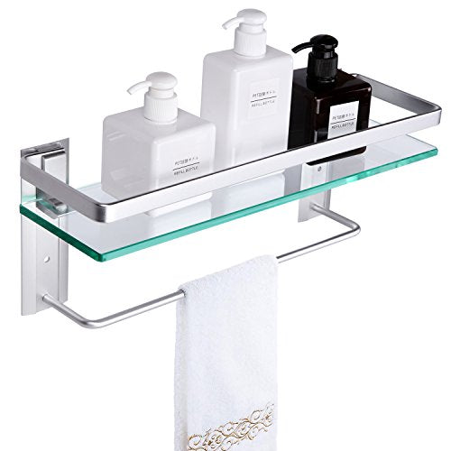 Vdomus Glass Bathroom Shelf with Hand Towel Bar, Rectangular Wall Mounted Bathroom Shelf Storage Extra Thick Tempered Glass, 15.2x4.5 inches with Brushed Silver Finish Glass Shelf for Bathroom