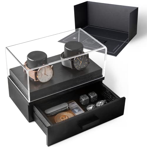 Double Watch Box for Men - Fathers Day Gift for Dad Who Has Everything - Two Watch Display Case with Clear Acrylic Cover & Drawer - Sleek Wooden Watch Case - Watch Box Organizer for Men - Black