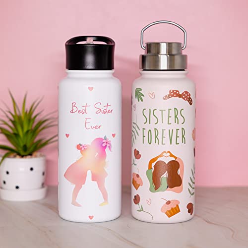 Sisters Forever 32 Oz Insulated Water Bottle with Two Lids Birthday Gifts For Sister