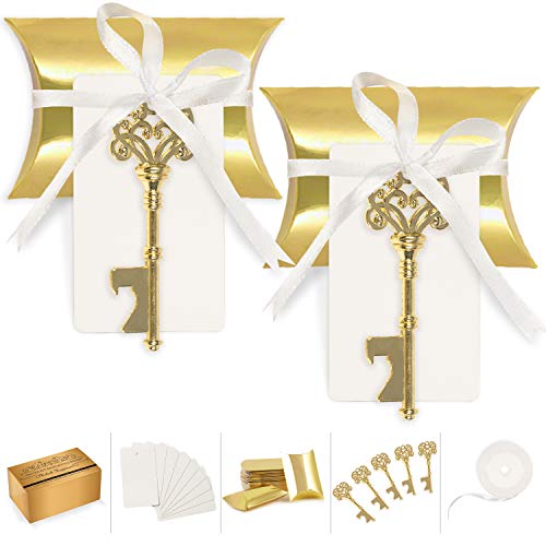Wedding Favors for Guests Bulk Wedding Party Favors Wedding Gifts for Guests with Vintage Skeleton Key Bottle Opener Escort Tag Pillow Candy Box and Thank You Ribbon for Housewarming Party 50 Pcs Gold