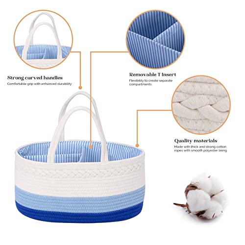luxury little Diaper Caddy Organizer, Large Cotton Rope Nursery Basket, Changing Table Organizer for Baby Diaper Storage, Portable Car Organizer with Removable Divider, Baby Shower Gifts - Blue