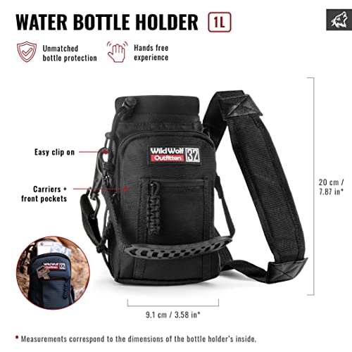 Wild Wolf Outfitters Water Bottle Holder for 32oz Bottles Black - Carry, Protect and Insulate Your Best Flask with This Carrier w/ 2 Pockets & an Adjustable Padded Shoulder Strap.