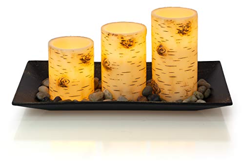 Dawhud Direct Candlescape Set 3 Led Flickering Candles Birch Bark Tray
