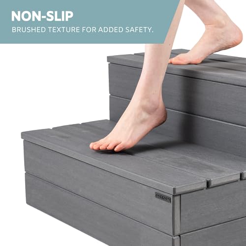 Hot Tub Steps - Wood Looking Plastic Steps for Hot Tub - 100% Waterproof Spa Steps - Gray Non Slip, Heavy Duty Outdoor Steps, Multi Use as Porch Steps or Hot Tub Stairs, Fits Any Spa Size