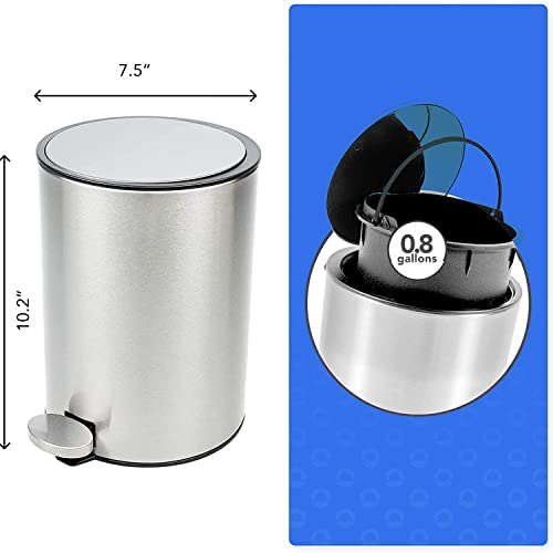 Bamodi Bathroom Bin 3L – Bathroom Bins with Lids – Small Pedal Bin for Bathroom, Toilet, Restroom – Stainless Steel Rubbish Waste Trash Can with Removable Inner Bucket (Silver)