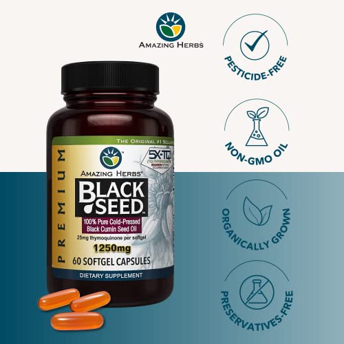 Amazing Herbs Premium Black Seed Oil Capsules High Potency 60 Count 1250mg