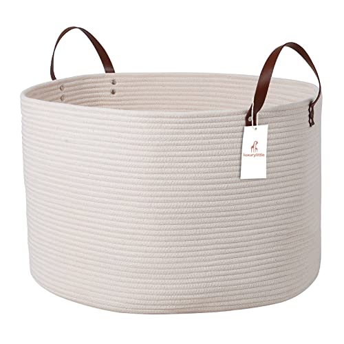 Luxury Little Extra Large Nursery Storage Basket, 22 x 22 x 14 inches - 100% Cotton Rope Basket with Handles, Laundry Basket for Toys, Blankets & Pillows - Off White with Leather Handles