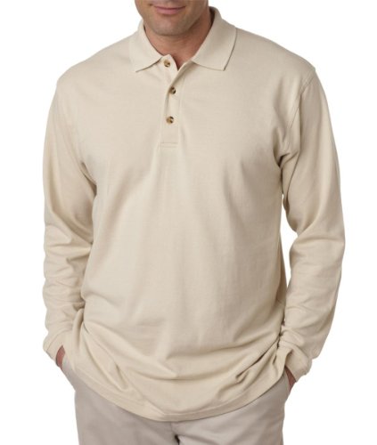 UltraClub Adult Long-Sleeve Classic Pique Polo Stone M