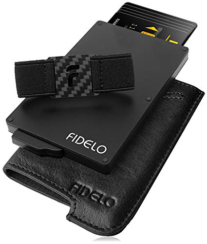Fidelo Minimalist Wallet for Men - RFID Blocking Pop up Wallet Credit Card Holder, Slim Wallet for Men 6063 Aluminum Wallet with a Card Clip Holder with a Removable Leather Case - Vintage Black