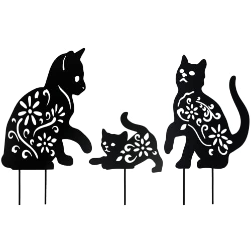 Homarden Halloween Decoration Outdoor - Floral Design Black Cat Statues, Scare Cats Yard Sign for Halloween Yard Decor - Humane Control Metal Cat Silhouette (Set of 3)