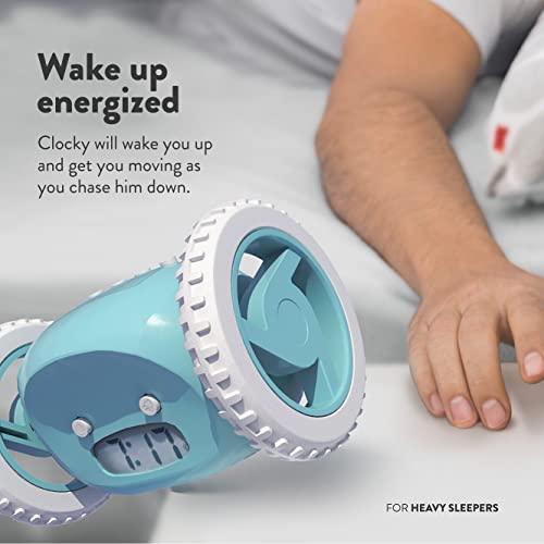 CLOCKY Funny Gift- Loud Alarm Clock for Heavy Sleepers on Wheels (Adults Kids Teens Bedroom) Run Away Moving Jump Roll Vibrating, Cute Annoying, 1-Time Snooze, Digital, Wake Up Energized (Blue)