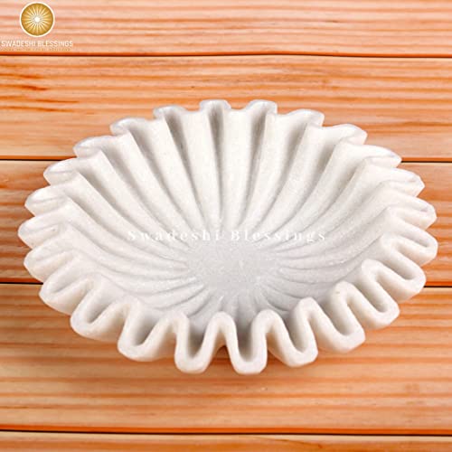 Swadeshi Blessings Handcrafted Marble Ruffle Bowl/antique Scallop Bowl 9 Inches