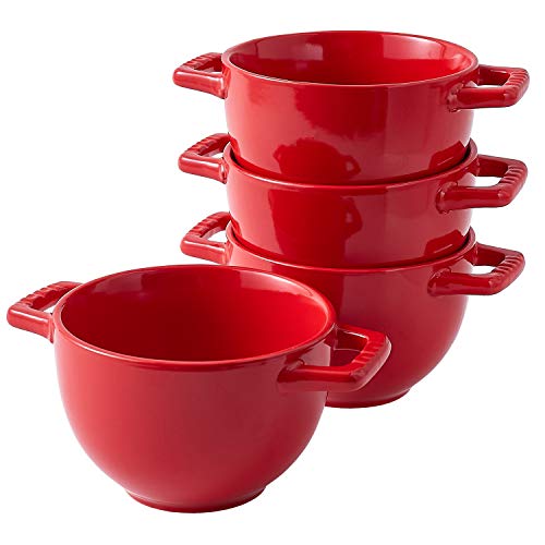 Bruntmor 24 Oz Soup Mug French Onion Soup Cups with Handles, Large Soup Mug Ceramic Bowls for Rice, Dessert, Pasta, Cereal, Dishwasher, Oven & Broil Safe, Set of 4 Soup Mugs Microwave Safe, Red