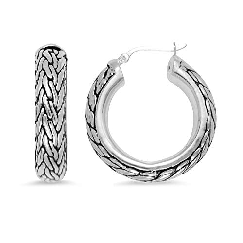 Lecalla Sterling Silver Jewelry Curb Chain Inspired Hoop Earring for Women