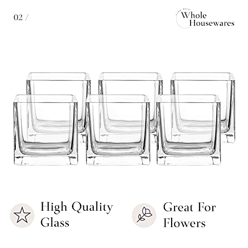Whole Housewares Square Glass Vase Set 6 & 4 Inch 6 Pack Candle Holder Clear