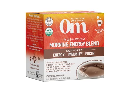 Om Mushroom Superfood Morning Energy Blend Mushroom Powder Drink, Single Serve, 10 Count, Coffee Free Energy Drink with Cordyceps, Vitamin D2