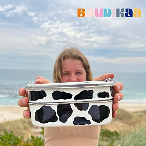 Cow Print Lunch Box - Large Metal Bento Box for Adults and Teens - Holds 5 Cups of Food - Divided Meal Container with Snack Tin