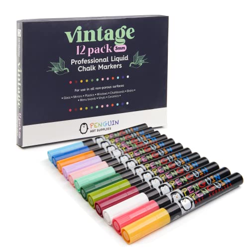 Liquid Chalk Markers Set of 12 Vintage Colors - 3mm Fine Tip Chalk Markers with Bonus 30 Chalk Stickers - Erasable Pen with Reversible Tip for Mason Jars, Windows, Glass, Labels, Whiteboards