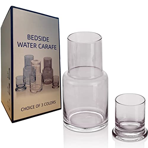 Bedside Water Carafe in GREY glass for nightstand decor and glass water dispenser or mouthwash decanter Glass drink dispenser with cup lid keeps water