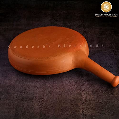 SWADESHI BLESSINGS Unglazed Clay Frying Pan/Earthen Wok/Clay Skillet, 10 Inches Exclusive Range/Curry Sauce Pan/Griddle/Spider Fry Pan