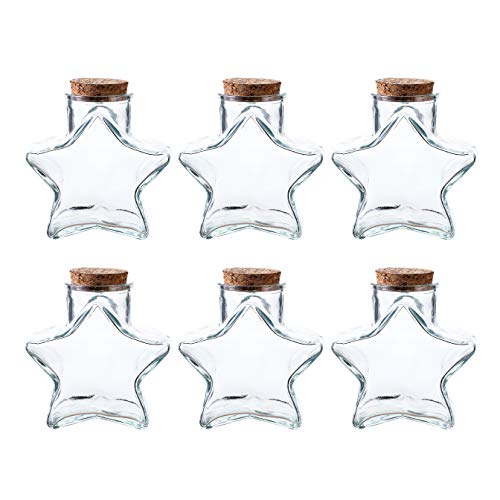 WHOLE HOUSEWARES | Star Shaped Glass Favor Jars with Cork Lids | Set of 6 | 10oz Glass Wish Bottles with Personalized Heart Shaped Label Tags and String (6)
