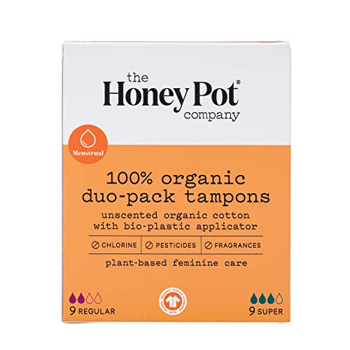 The Honey Pot Organic Unscented Tampons - Natural, Plant-Based, Feminine Menstrual Products - Chlorine Free Hypoallergenic - Bio Plastic Applicator - Super Absorbency Unscented Tampons - 18 Count
