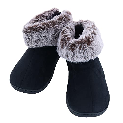isotoner Women's Recycled Microsuede and Fur Boot Slipper 6.5-7 Black