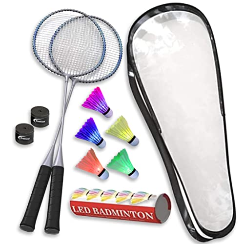 Trained Premium Quality Set of Badminton Rackets, Pair of 2 Rackets, Lightweight & Sturdy, with 5 LED SHUTTLECOCKS, for Professional & Beginner Players Adults and Children, Carrying Bag Included