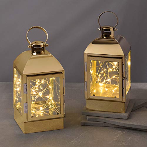 LampLust Gold Lanterns Decorative Set - 8 Inch, 2 Pack, LED Fairy Lights, Battery Operated, Metal and Glass, Wedding Centerpieces, Eid & Ramadan Decorations - Timer & Batteries Included