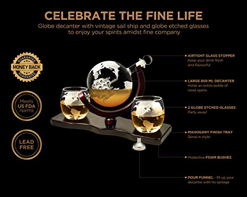 Flybold Whiskey Decanter Set Globe for Men 28 Oz Includes 2 Glasses Funnel