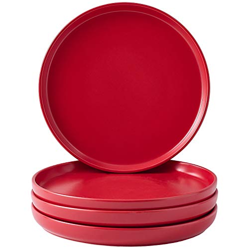 Bruntmor 11 Inch Ceramic Plate Set of 4, Round Ceramic Pasta Salad Plate for Dinner, Dinnerware Plates for Christmas Gift , Plates Set for 4, Dishwasher and Oven Safe, Red