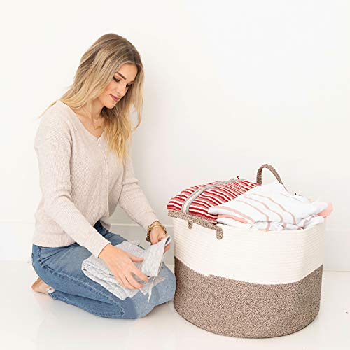 Luxury Little XXXL Nursery Storage Basket - 100% Cotton Rope Basket with Handles 22 x 22 x 14 inches White & Beige