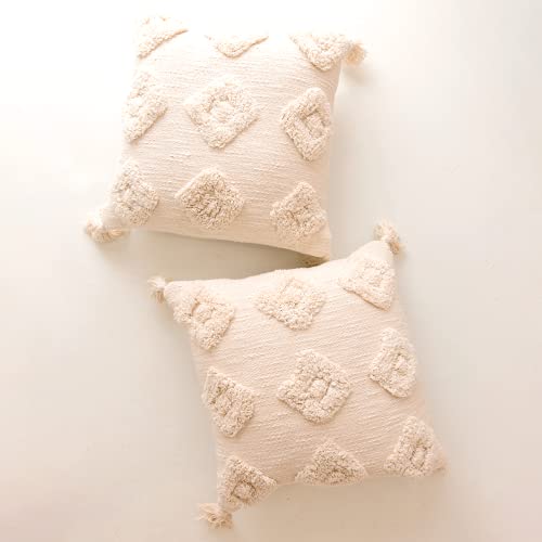 Banilla Set of 2 Bohemian Decorative Throw Pillow Covers 18x18 | 100% Cotton Boho Pillow Covers Perfect for Bed or Couch | Hand Tufted Diamond Design with Tassels | Natural White Decorative Pillows