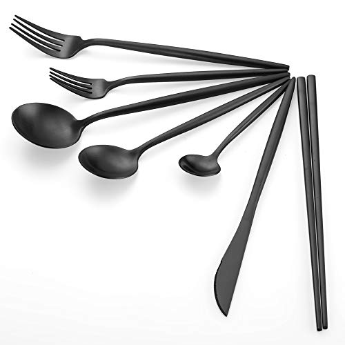 KiiZYs Matte Black Flatware Set - 14-piece Modern Silverware Set Stainless Steel Utensils - Metal Chopsticks Kitchen Cutlery Fork Spoon Knife - Dishwasher Safe House Warming Gift Box (Black, 2 Sets)